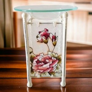 Floral Stained Glass Tea Light Oil Warmer Aromatherapy Burner w/ Metal Stand